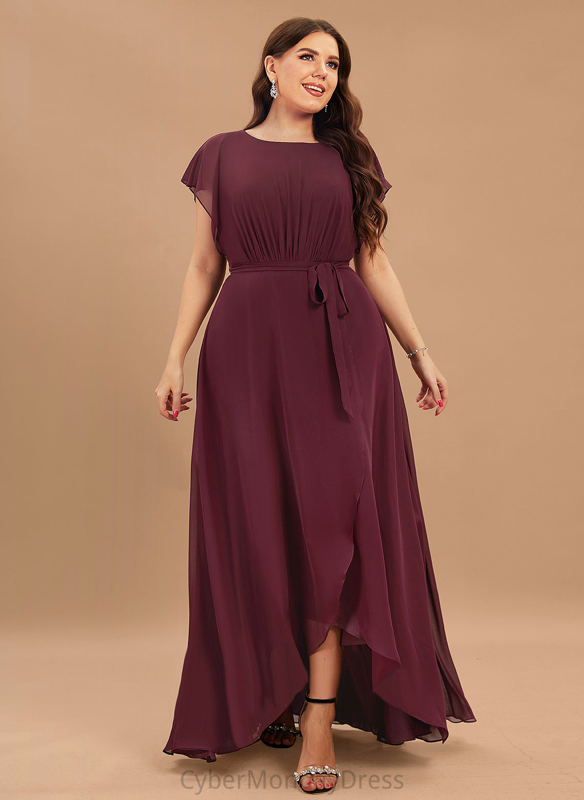 Fabric Neckline Silhouette Ruffle Length Asymmetrical ScoopNeck A-Line Embellishment Mara Sleeveless A-Line/Princess Bridesmaid Dresses