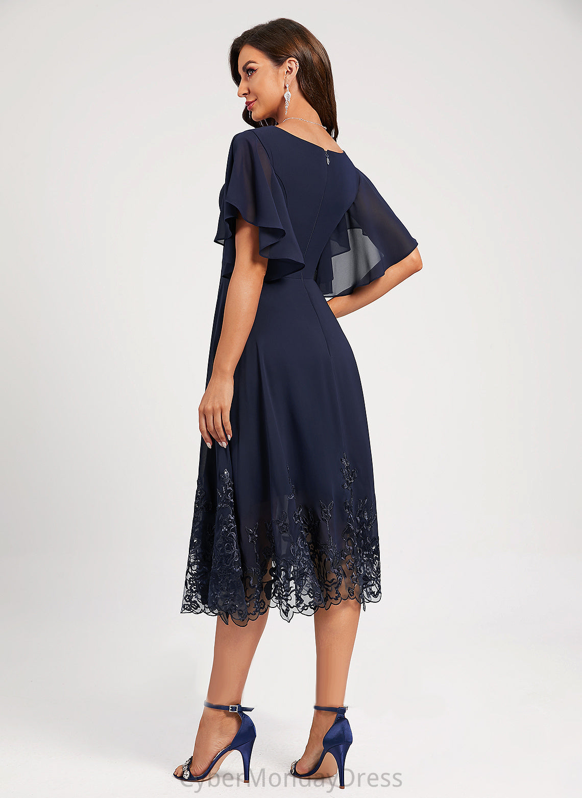 V-neck Sequins Lace With A-Line Sequined Tea-Length Lace Cocktail Dresses Cocktail Dress Nataly