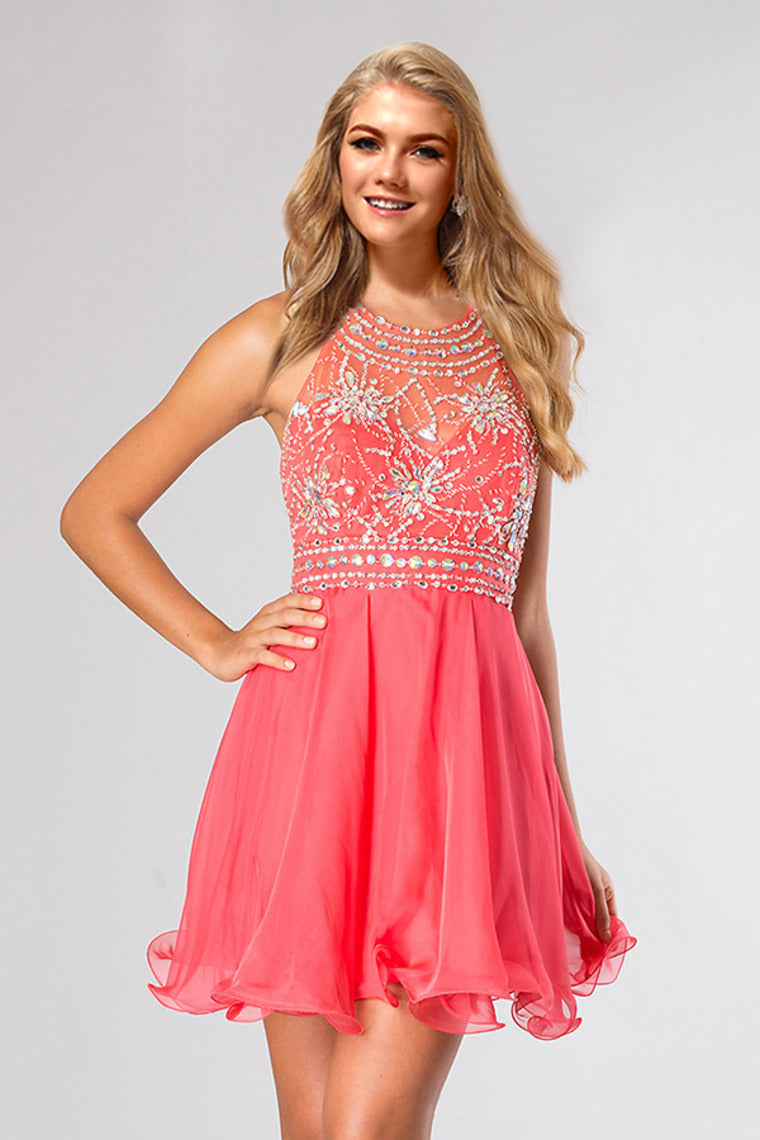 2024 Halter A Line Sexy And Cute Homecoming Dress Short/Mini Chiffon&Tulle Beaded