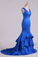 2024 Dark Royal Blue Off-The-Shoulder Mermaid Prom Dresses Sweep Train Satin Zipper Back