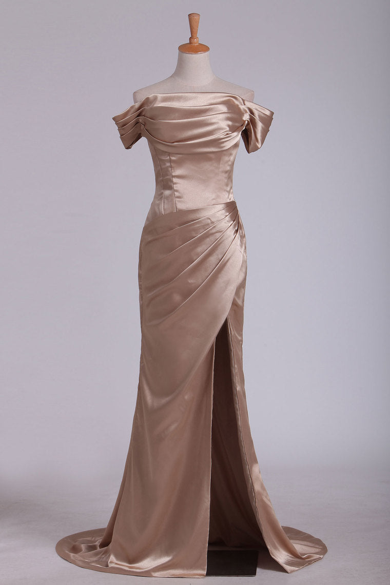 2022 Off The Shoulder Elastic Satin With Slit And Ruffles Sheath Evening Dresses