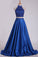 2022 Two Pieces High Neck A Line Prom Dresses Beaded Bodice Satin Open Back