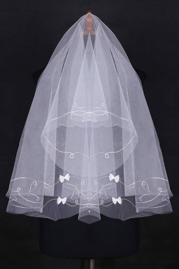 Two-Tier Finger-Tip Length Bridal Veils With Cut Edge