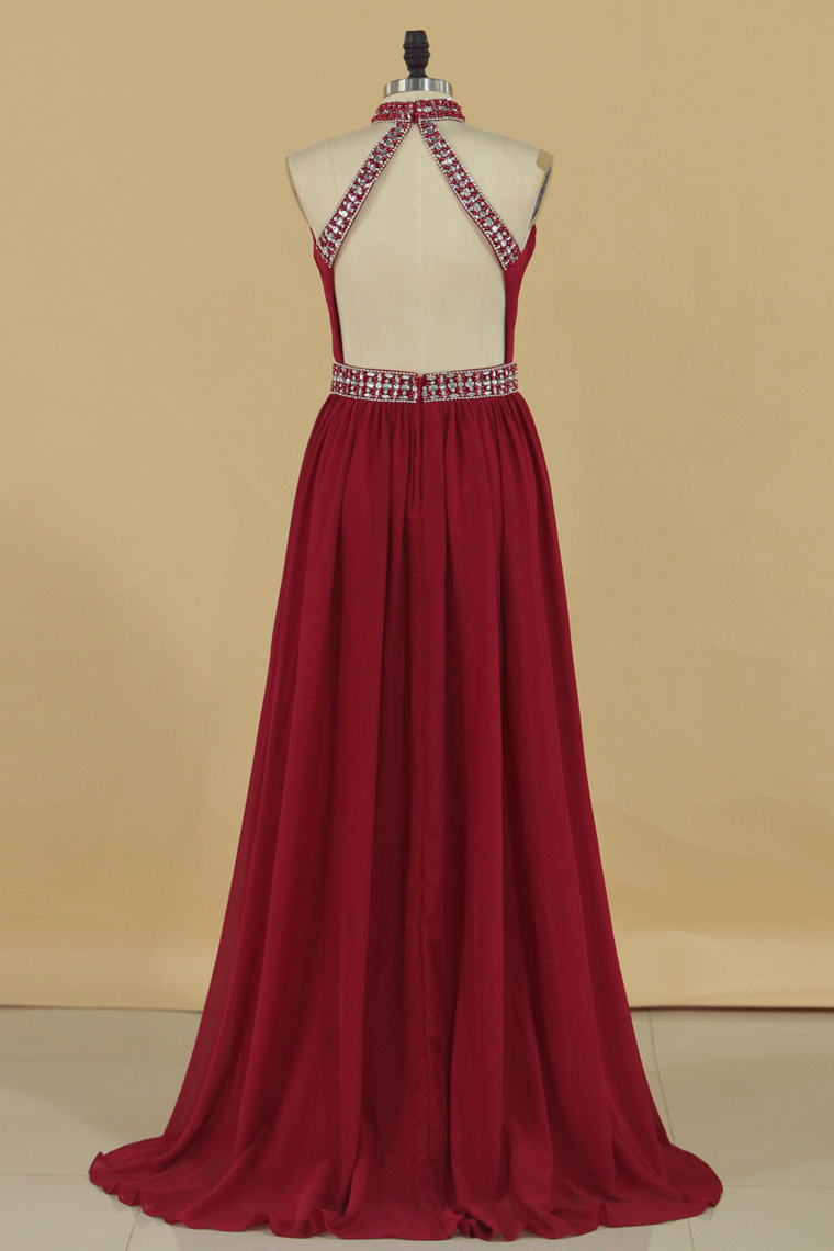 2022 A Line High Neck Chiffon Prom Dresses With Beads Open Back Sweep Train