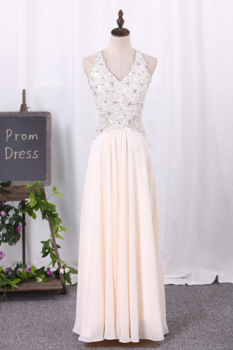 2024 Open Back V Neck Prom Dresses A Line Chiffon With Applique