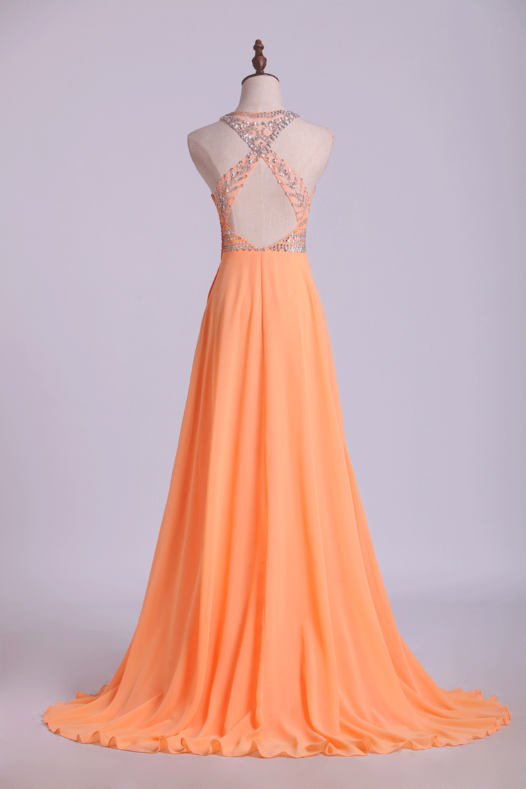 2024 Halter A-Line Prom Dresses Tulle And Chiffon Sweep Train