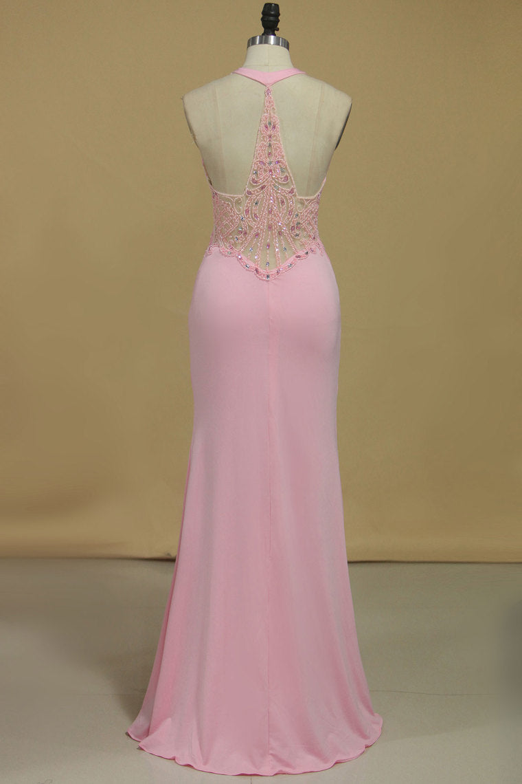 2022 Sheath Scoop With Beading And Slit Prom Dresses Sweep Train Spandex