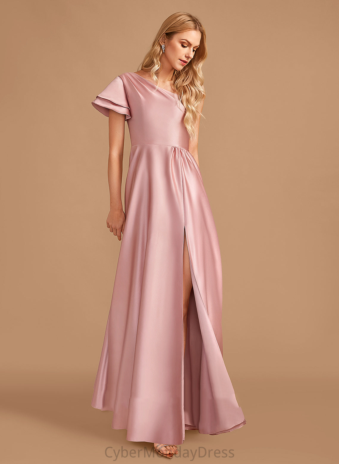 One-Shoulder Neckline Fabric Embellishment Silhouette SplitFront Floor-Length Length A-Line Presley Bridesmaid Dresses