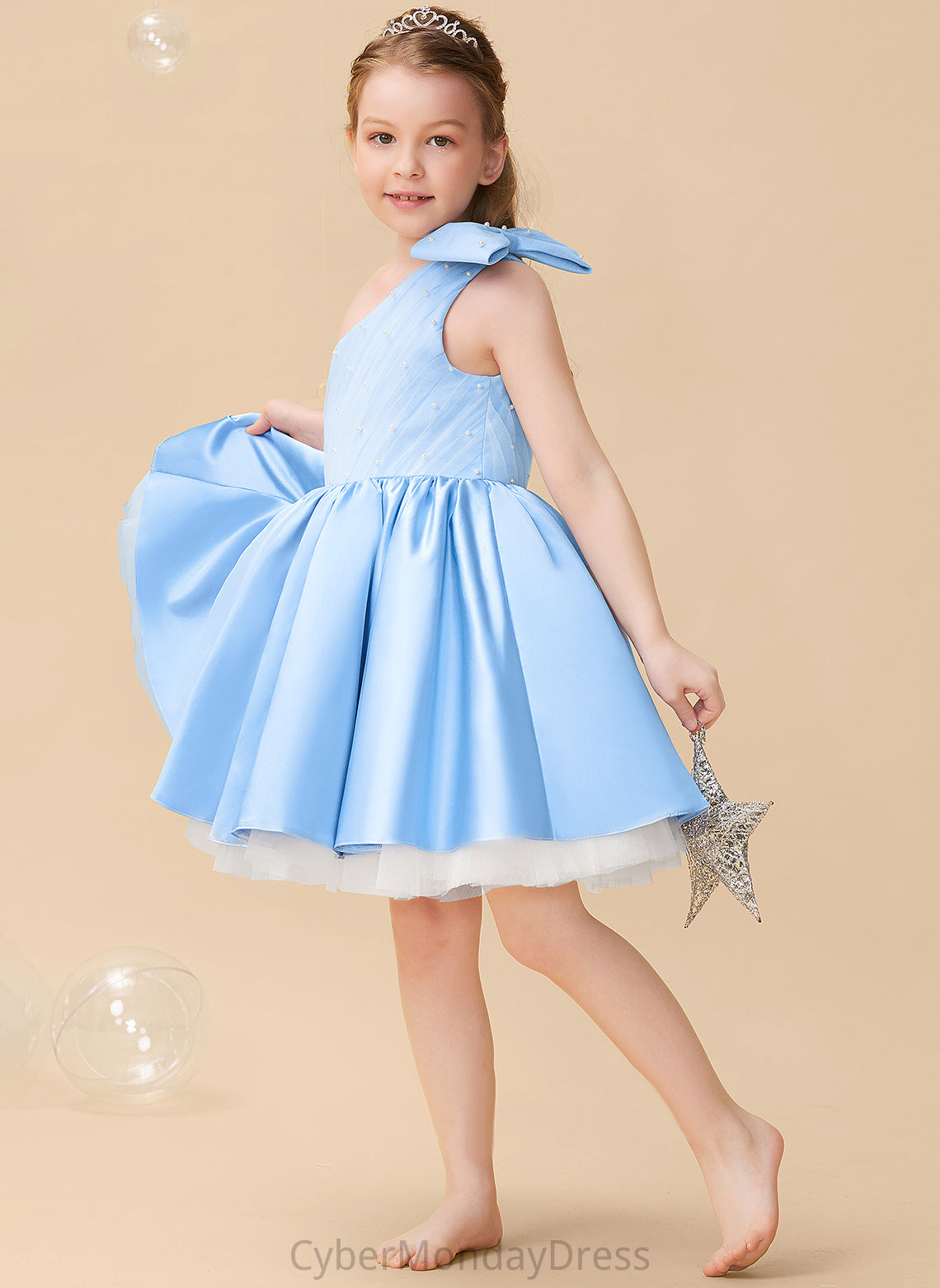 Flower Girl Dresses Satin/Tulle Knee-length Flower Dress A-Line Girl Autumn Beading/Bow(s) With Sleeveless - One-Shoulder