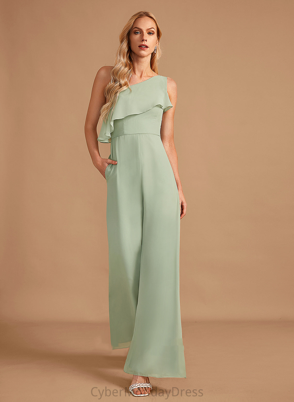 One-Shoulder Floor-Length Embellishment Fabric Length Ruffle Straps Neckline Kathy Natural Waist Trumpet/Mermaid Sleeveless Bridesmaid Dresses