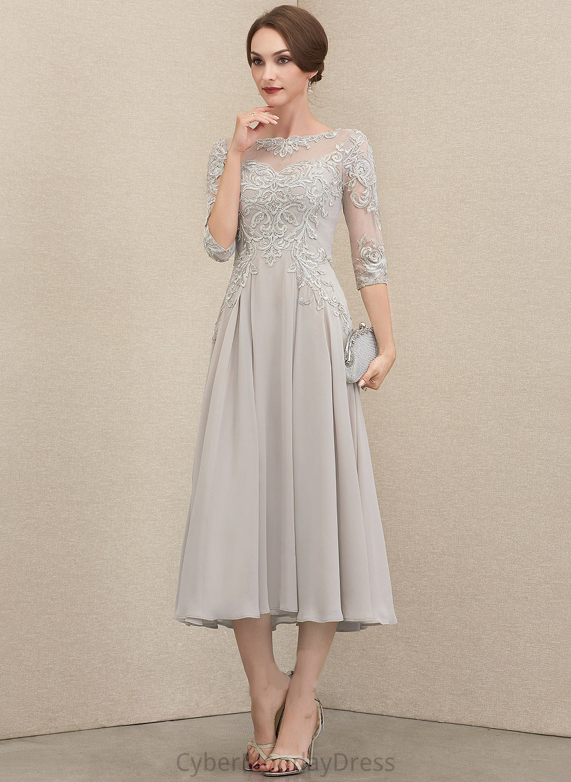 Dress Cocktail Neck Chiffon Tea-Length Pearl Cocktail Dresses Sequins Lace With Beading Scoop A-Line
