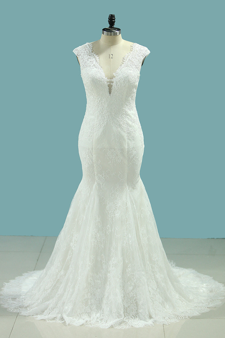 2024 V Neck Mermaid Wedding Dresses Lace With Applique Court Train