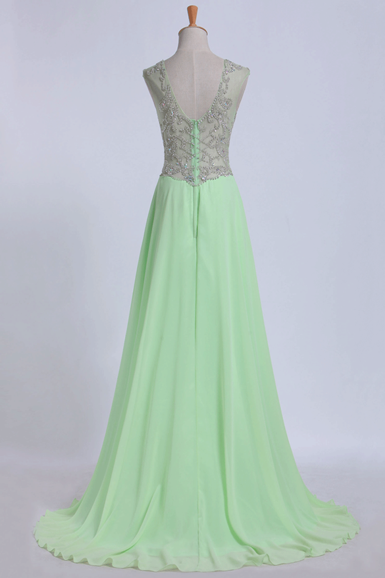 2022 V-Neck Prom Dresses  A-Line/Princess With Beads Chiffon&Tulle