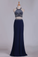 2022 Prom Dresses Open Back Halter Two-Piece Sheath Spandex & Tulle With Beading