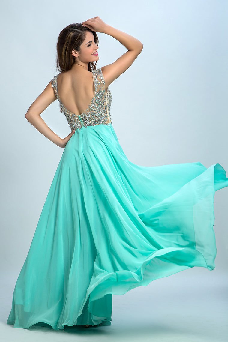 2022 V Neck Prom Dresses A Line Beaded Bodice Sweep Train Chiffon & Tulle