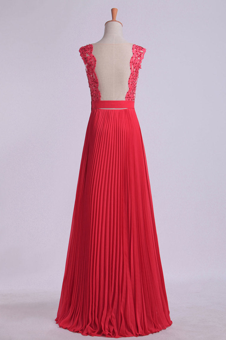 2024 V Neck Prom Dress Appliqued Bodice Ruched Waistband Flowing Chiffon Skirt