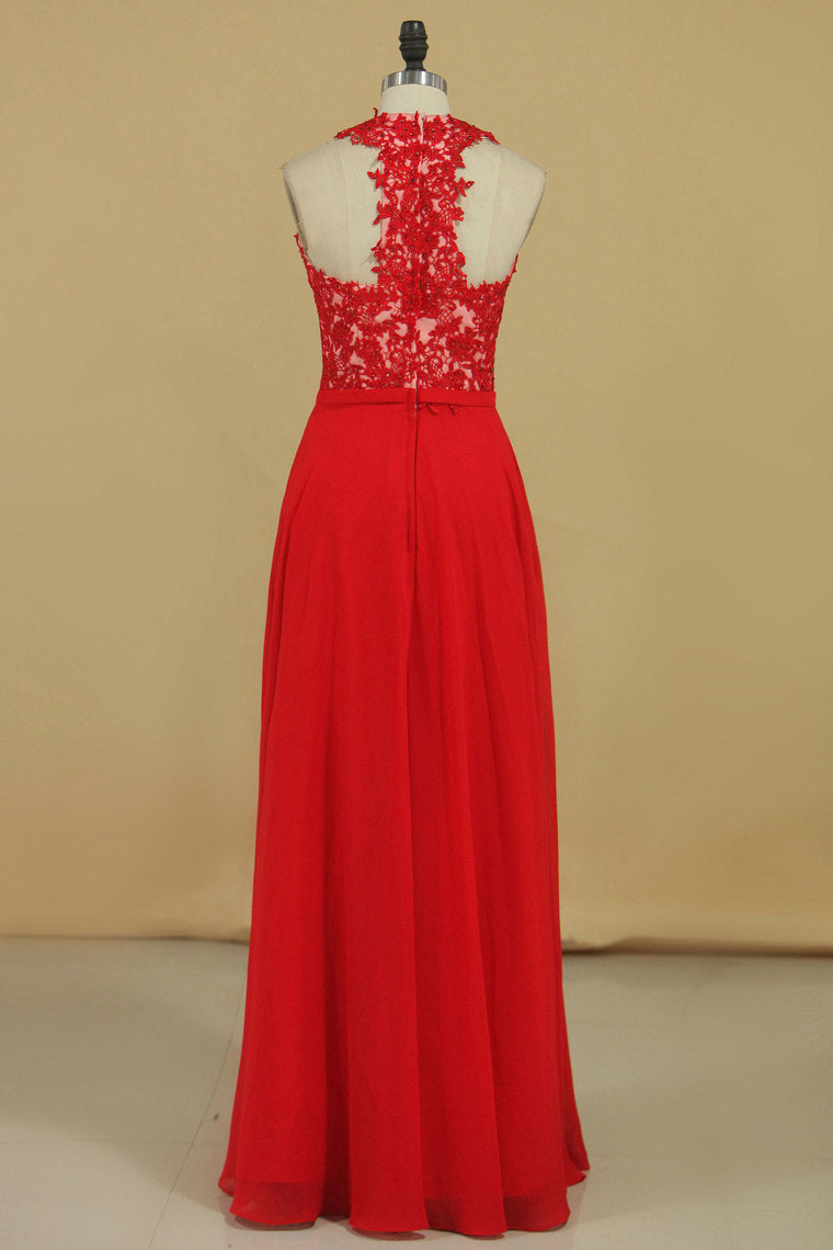 2024 New Arrival V Neck Prom Dresses A Line Chiffon With Applique And Beads Floor Length