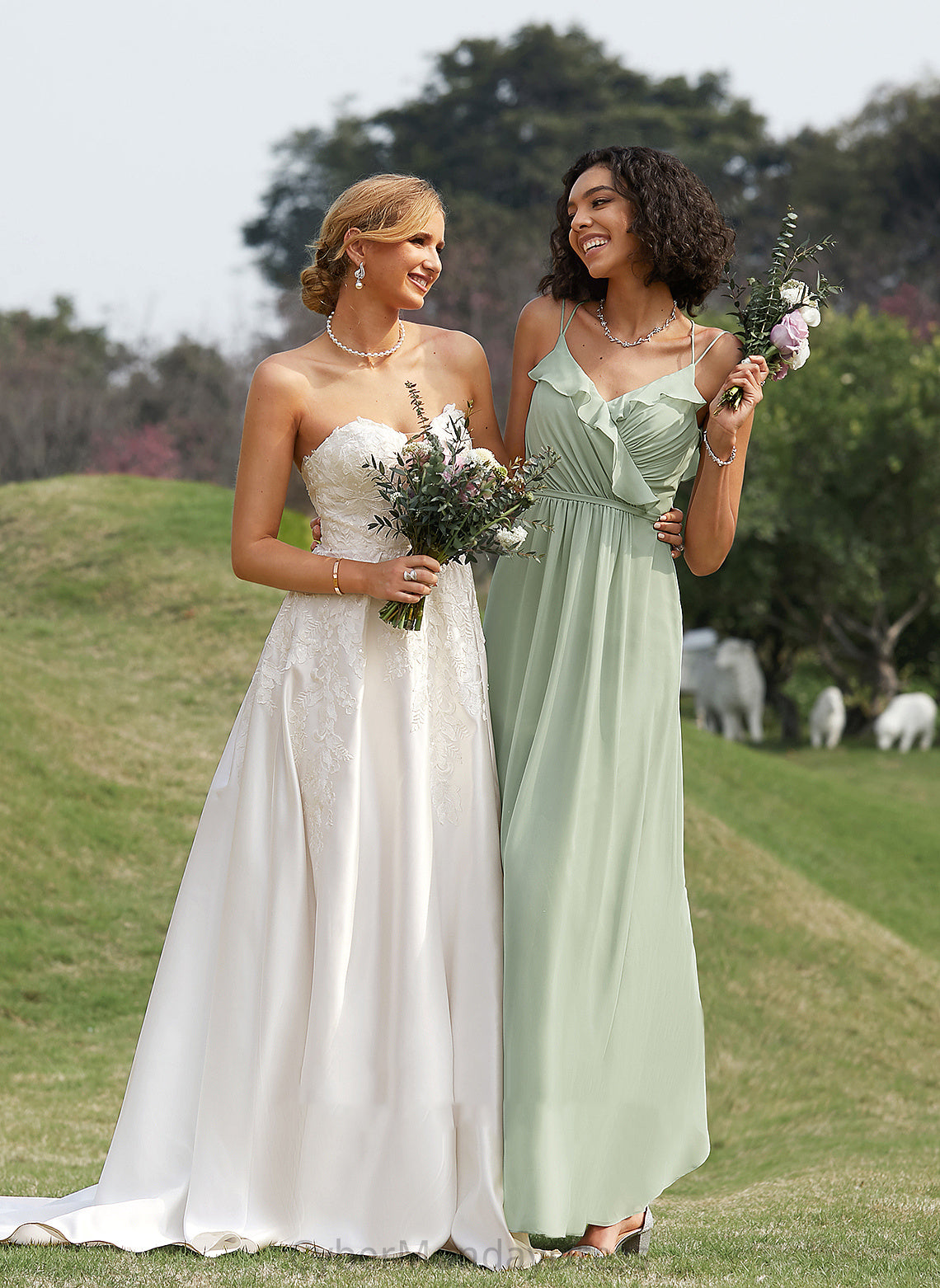 Fabric Length A-Line Neckline Floor-Length Silhouette V-neck Ruffle Embellishment Cloe Bridesmaid Dresses