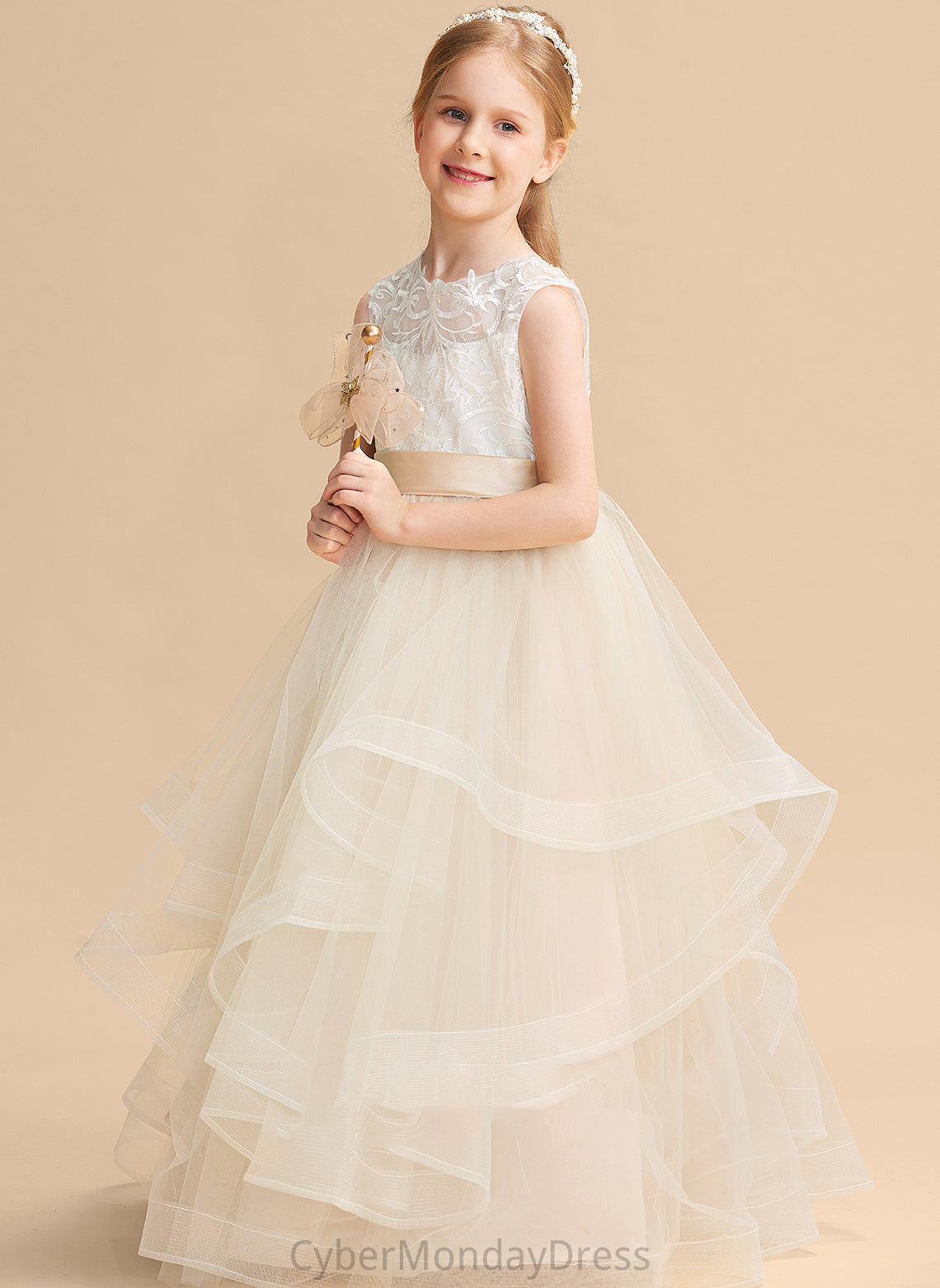 Elaina Ball-Gown/Princess Floor-length Dress Neck Scoop Tulle/Lace - Flower Girl Sleeveless Flower Girl Dresses