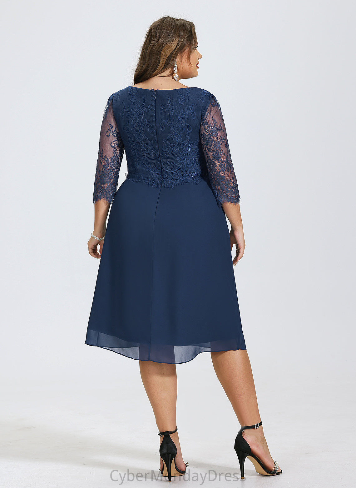 Sheath/Column Maureen Lace Scoop With Neck Chiffon Knee-Length Dress Ruffle Cocktail Dresses Cocktail