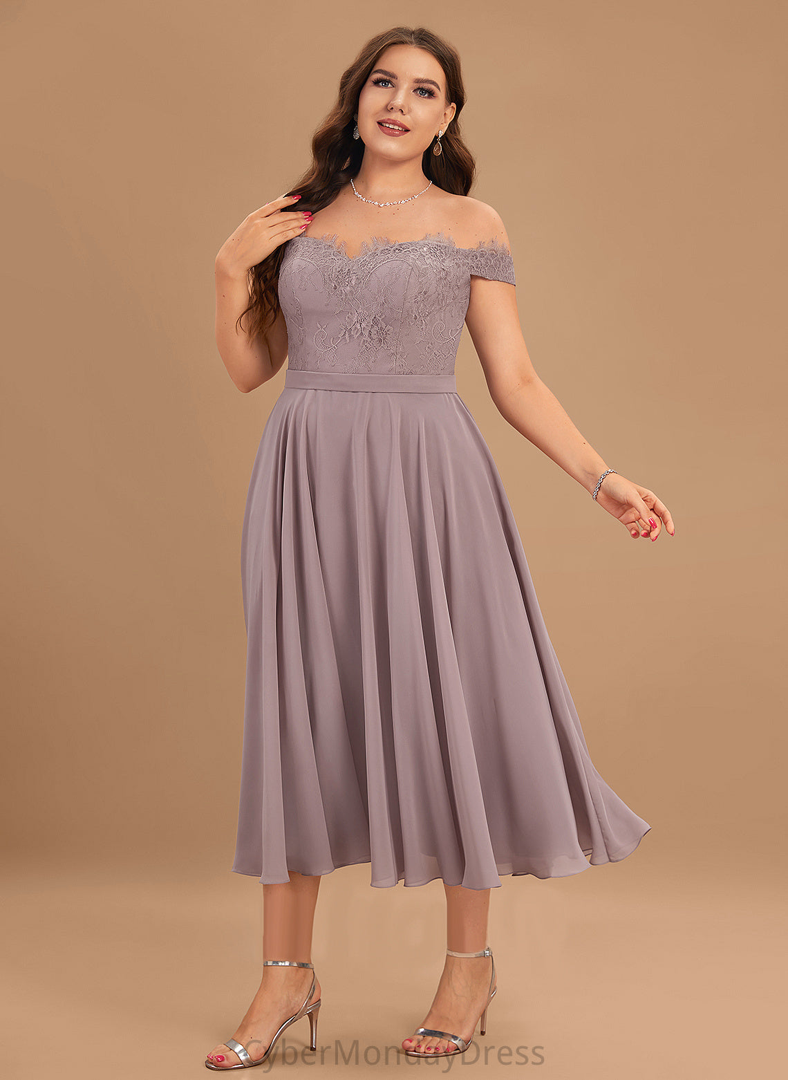 Silhouette Neckline Length A-Line Beading Tea-Length Fabric Off-the-Shoulder Embellishment Aaliyah Sleeveless Floor Length Bridesmaid Dresses