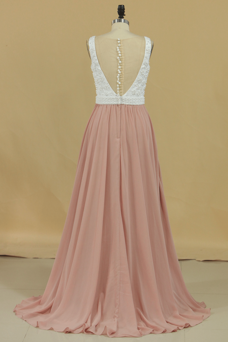 2022 Scoop Prom Dresses A Line Chiffon With Beading Sweep Train