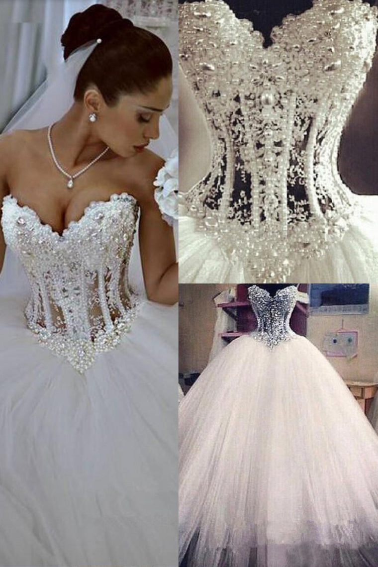 2022 Gorgeous Wedding Dresses A-Line Sweetheart See Through Floor-Length Tulle With Pearls Lace Up