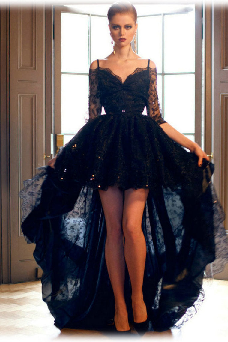 2024 Asymmetrical Prom Dresses Mid-Length Sleeve Spaghetti Straps Lace