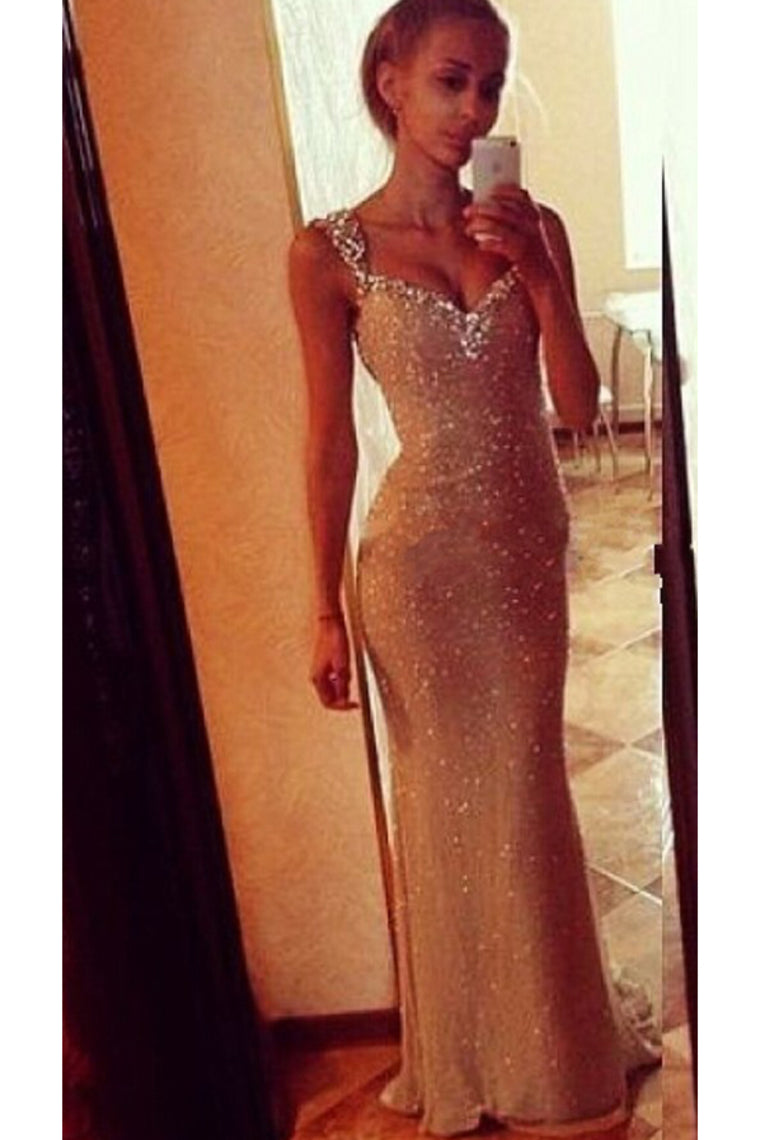 Straps Prom Dresses Sheath With Beads Floor Length Sequins