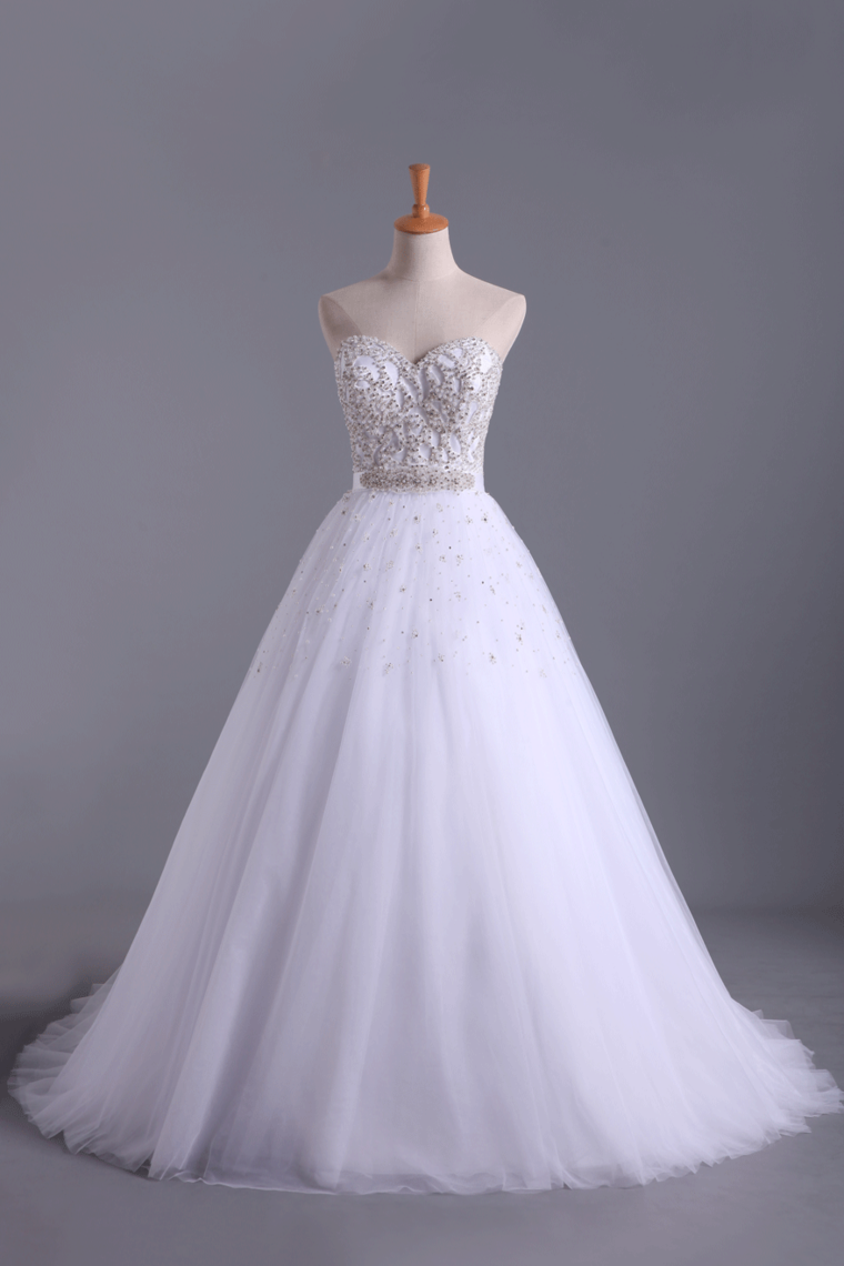 2024 Wedding Dresses Sweetheart Ball Gown Tulle With Beading And Sash
