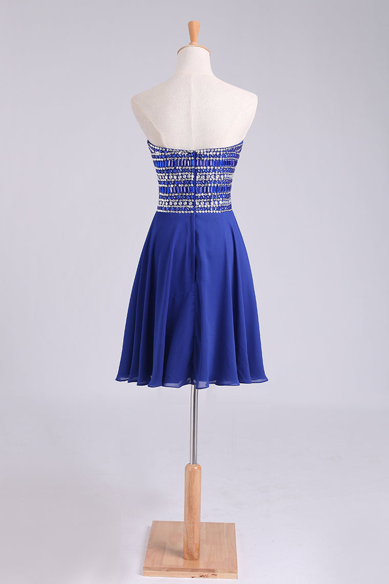 2022 A Line Short/Mini Strapless Dark Royal Blue Chiffon Homecoming Dresses With Rhinestone
