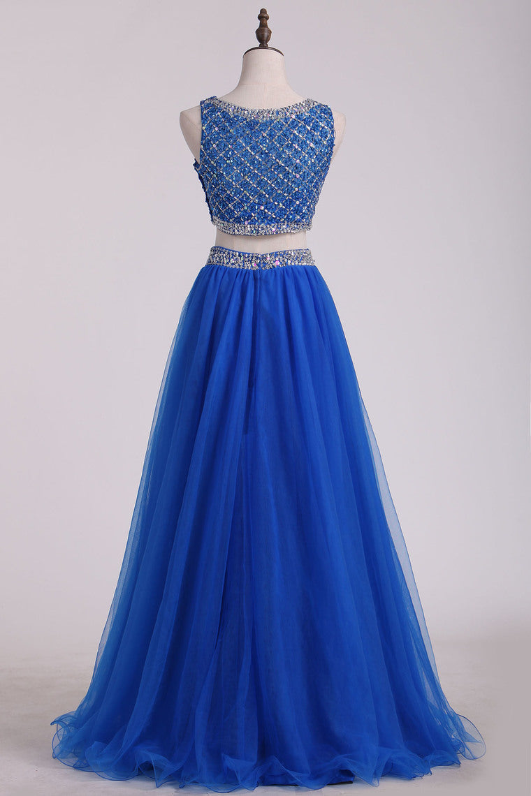 2022 Two Pieces Bateau Prom Dress Beaded Bodice A Line Tulle Floor Length