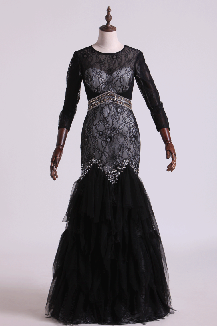 2024 Black Mermaid Evening Dresses Scoop Open Back Long Sleeves Tulle & Lace With Beading
