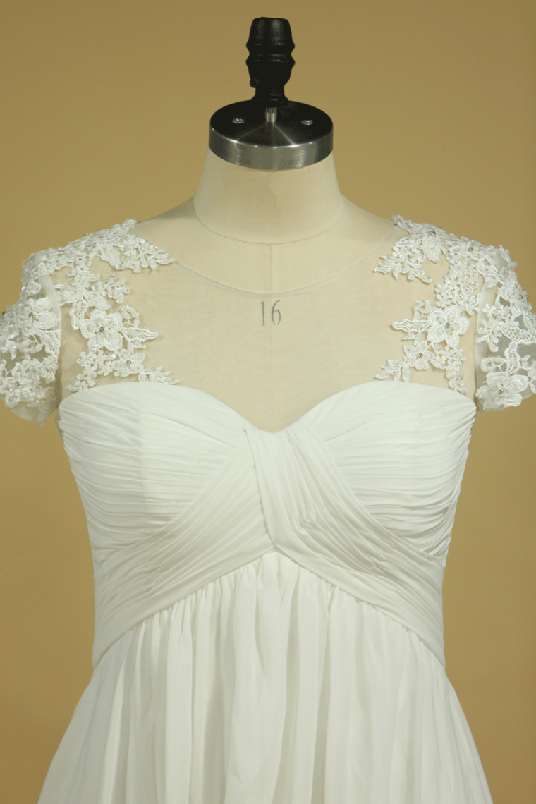 2022 Plus Size Scoop A Line Wedding Dresses Chiffon With Applique