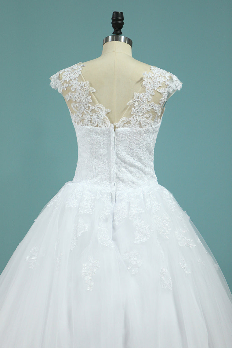 2024 Straps Wedding Dresses Ball Gown Tulle With Applique Chapel Train