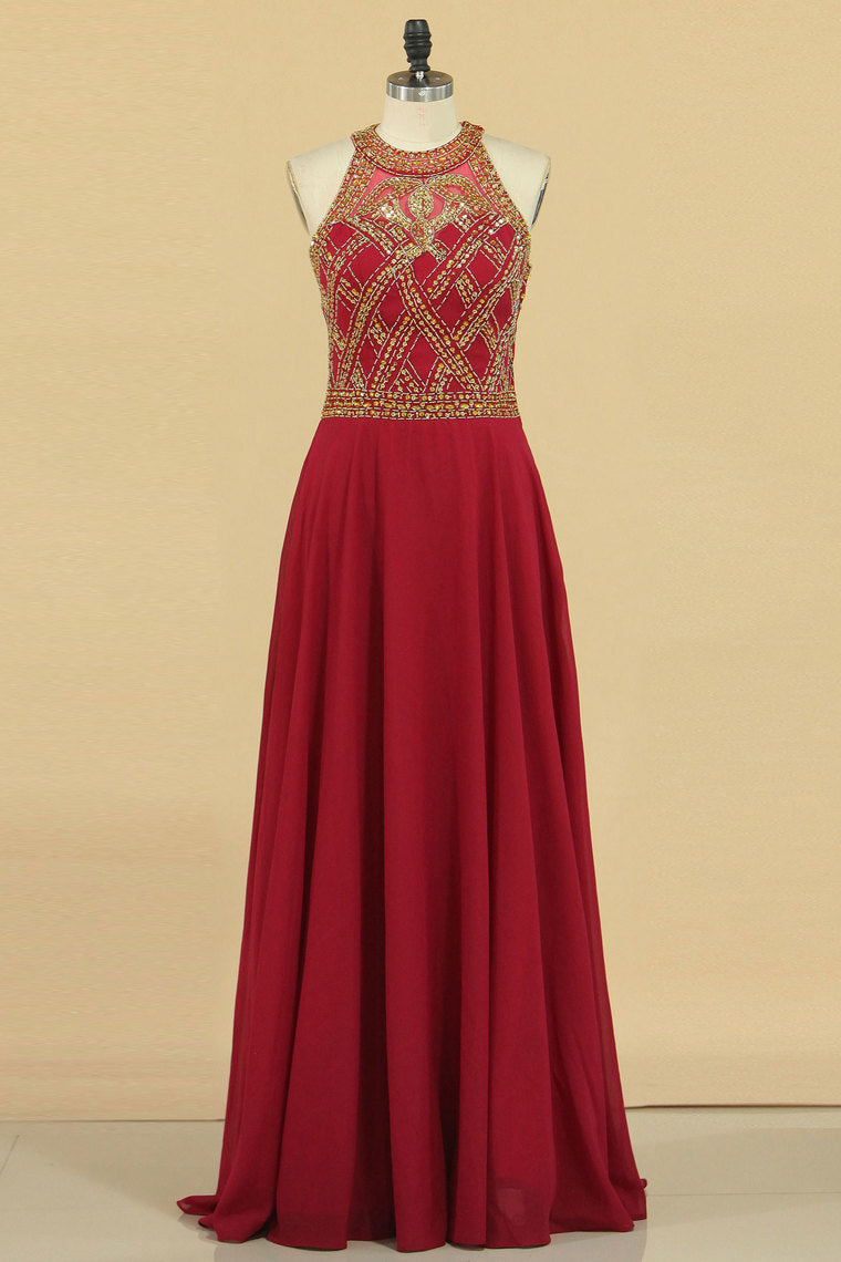 2022 Prom Dresses Scoop A Line Chiffon With Beads Floor Length