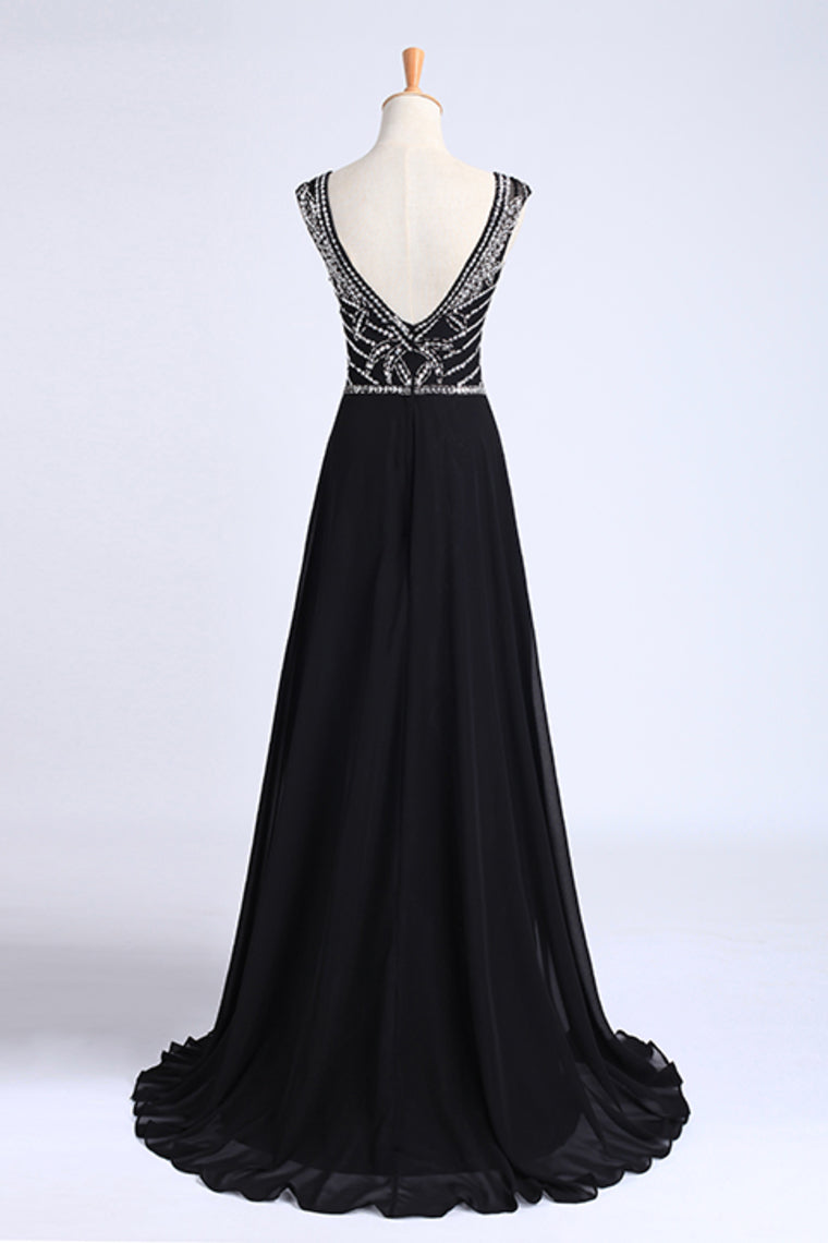 2024 Prom Dresses A-Line Scoop Dark Navy Blue Long Chiffon Chic Dresses