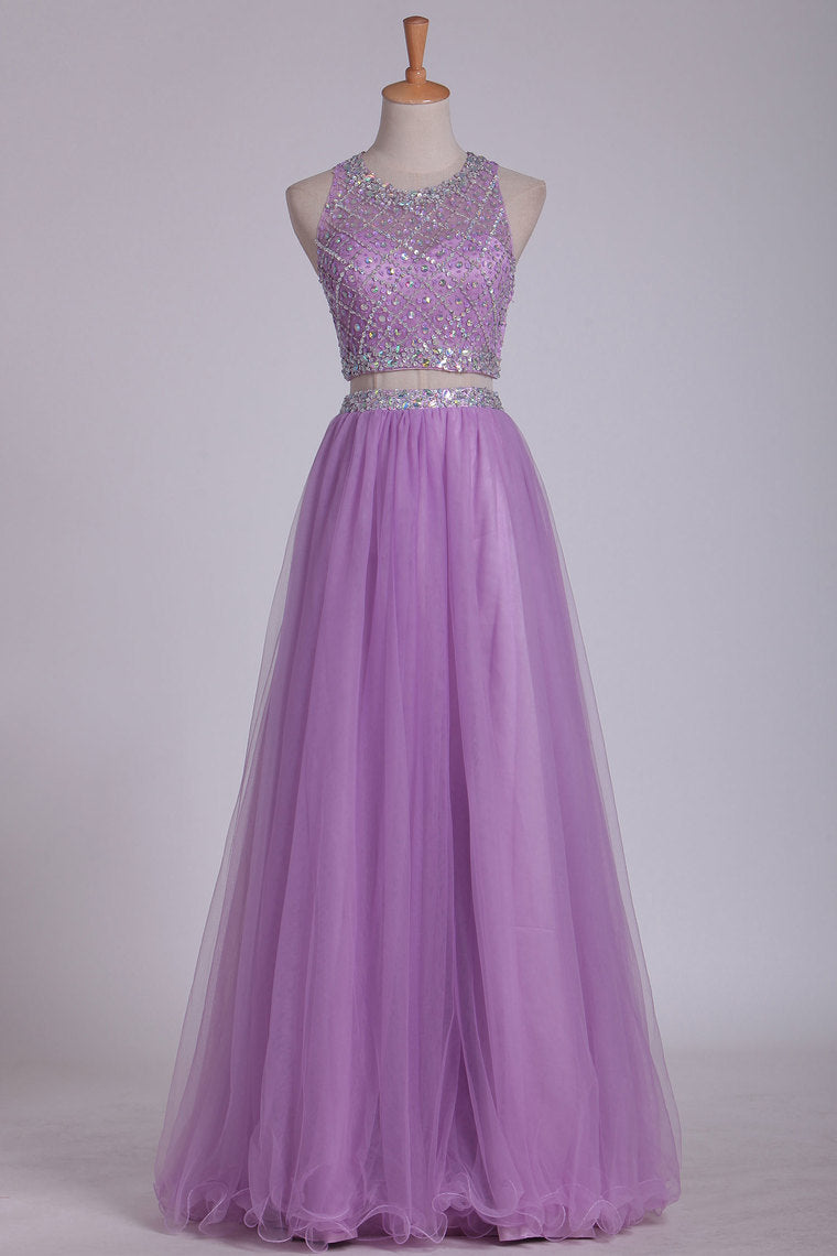 2022 Two Pieces Bateau Prom Dress A Line With Beading Tulle