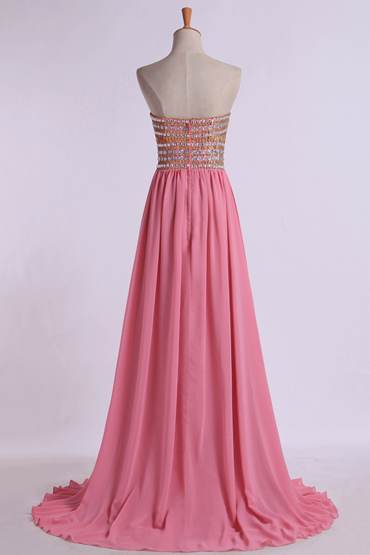 2022 Prom Gown A-Line Sweetheart Sweep/Brush With Beading&Rhinestone Chiffon