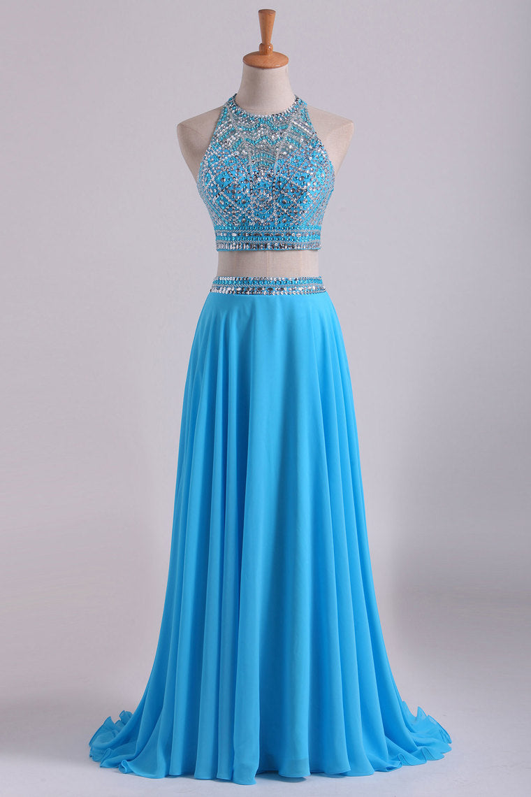 2022 Two-Piece A Line Prom Dresses Beaded Bodice Open Back Chiffon & Tulle