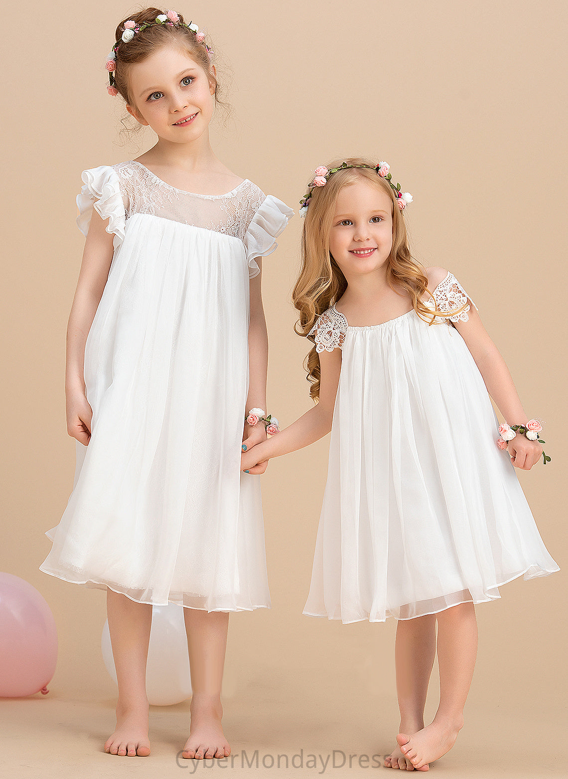 A-Line Dress Scoop Flower Girl Dresses Sleeves Lace Neck Knee-length Chiffon With Girl Short Flower - Laurel