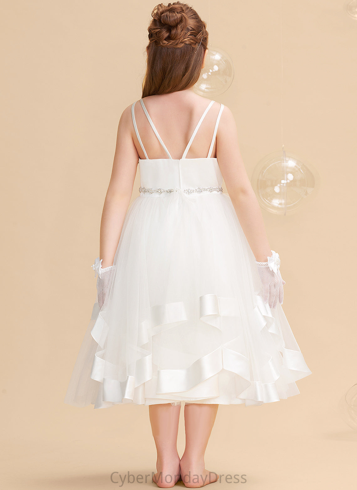 A-Line Girl Arabella Flower - Straps With Dress Beading Flower Girl Dresses Tea-length Sleeveless Satin/Tulle