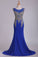 2022 Dark Royal Blue Prom Dresses Scoop Mermaid Spandex With Applique Sweep/Brush Train