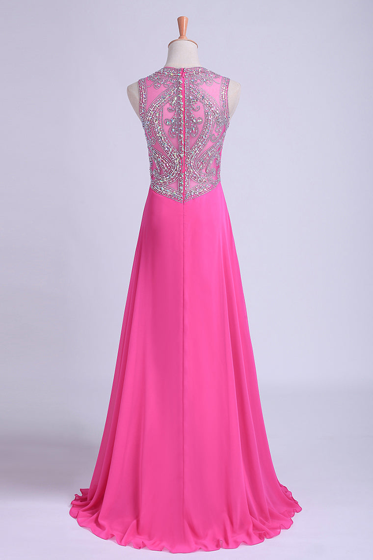 2022 Scoop A-Line Chiffon&Tulle Floor-Length Prom Dresses With Beads Color Fuchsia