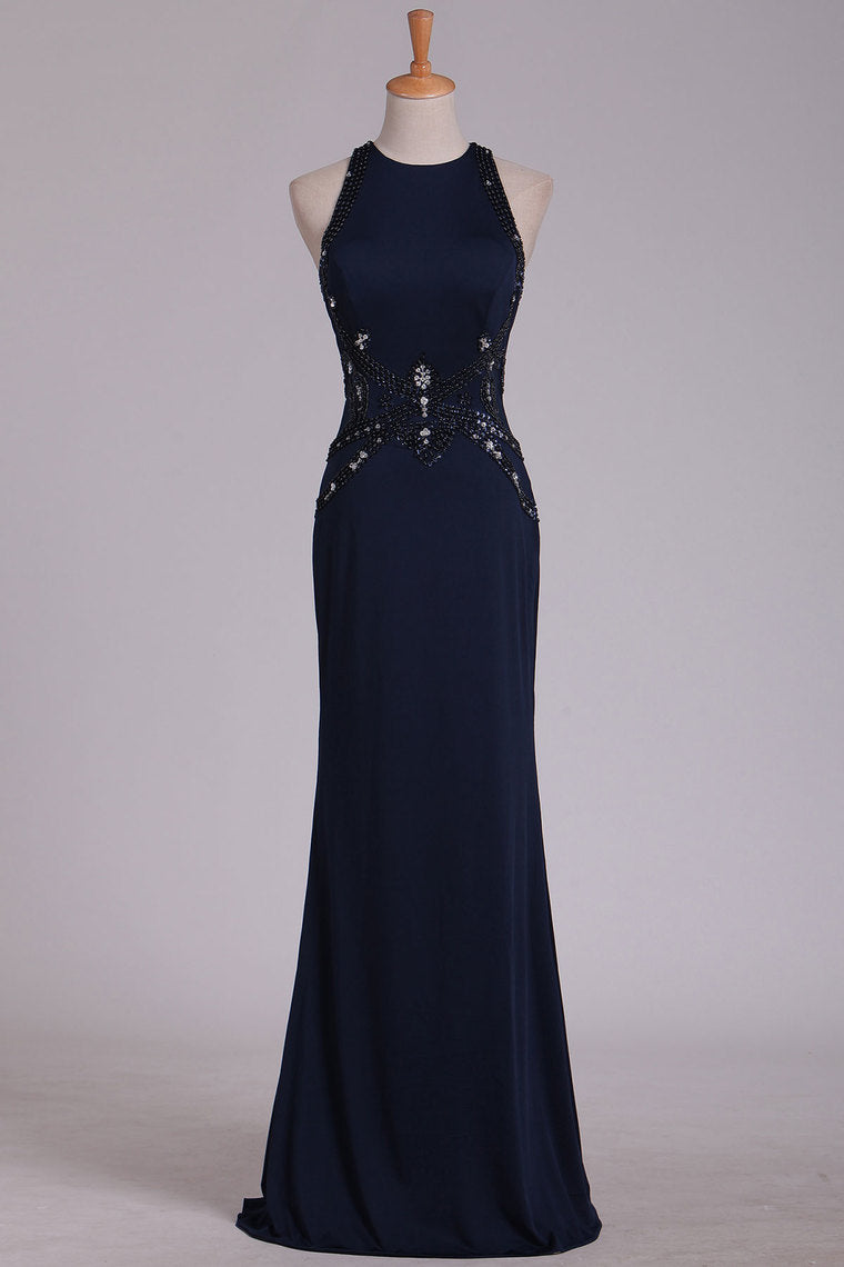 2022 Black Prom Dresses Scoop Sheath With Beading Open Back Spandex