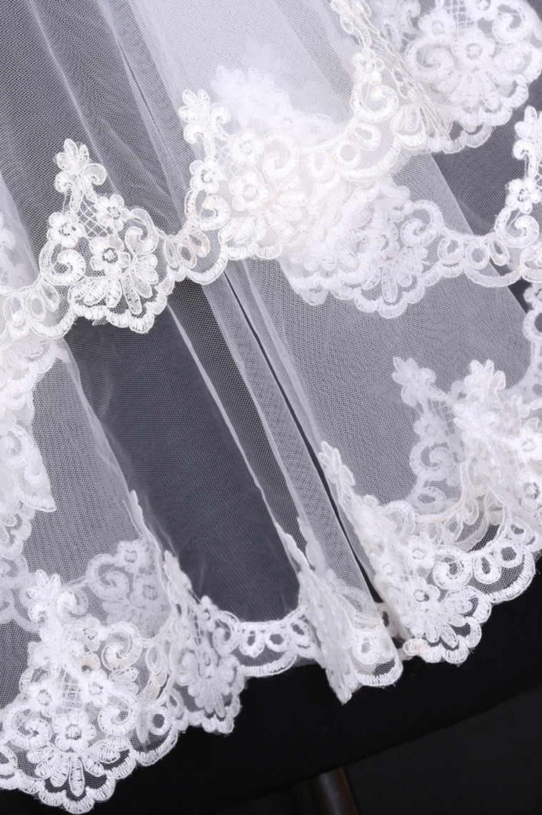 Two-Tier Finger-Tip Length Bridal Veils With Applique