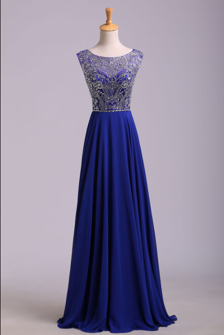 Nest Prom Dresses A-Line Scoop Floor-Length Chiffon Dark Royal Blue Beaded Bodice V-Back