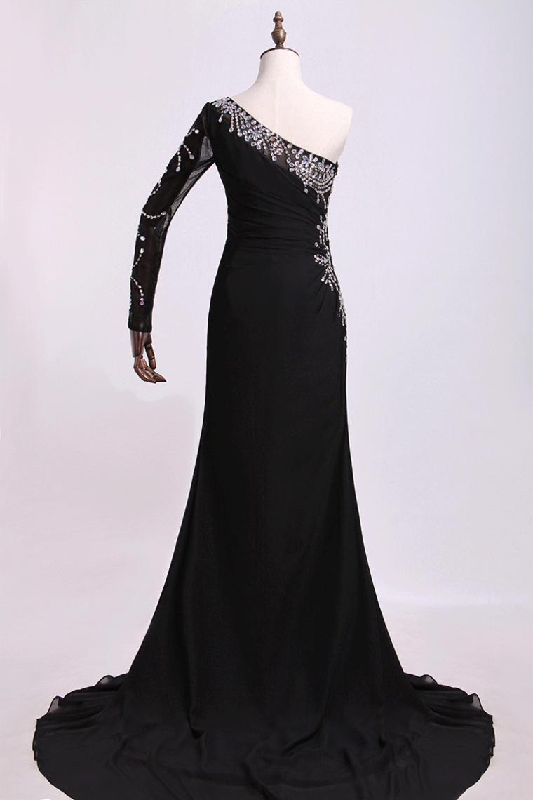 2022 One Sleeve Column/Sheath Prom Dresses Black