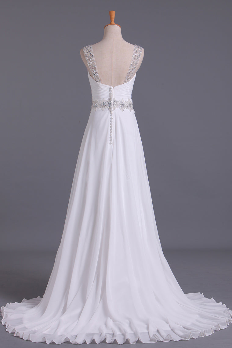 2022 White Wedding Dress Sweetheart A Line Pleated Bodice With Detachable Straps Beaded Chiffon