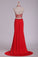 2022 Prom Dresses See-Through High Neck Two Pieces Spandex With Slit And Beading